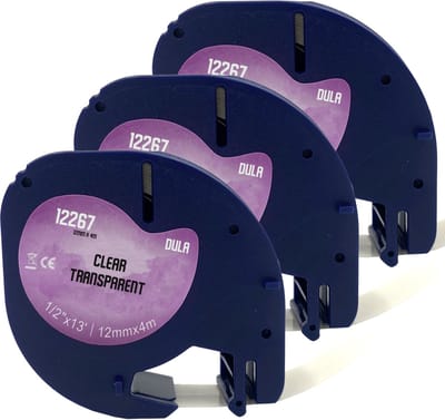 DULA - Dymo LetraTag 12267 - S0721530 - Label Tape - Zwart op Transparant plastic - 12mm x 4m - 3 Stuks