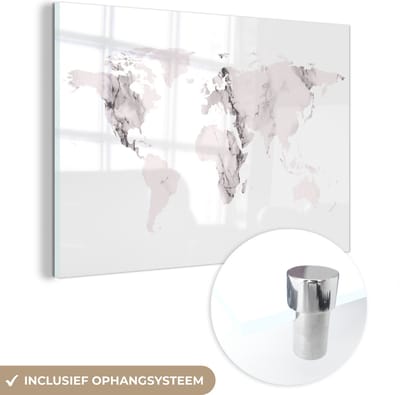 ® Glasschilderij 120x80 cm - Schilderij acrylglas - Wereldkaart - Marmer - Grijs - Foto op glas - Muurdecoratie woonkamer - Wanddecoratie slaapkamer - Schilderijen