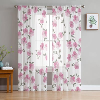 Bloem Minimalistische Plant Paars Voile Transparante Gordijnen Woonkamer Raam Chiffon Tule Gordijn Keuken Slaapkamer Gordijnen Huisdecoratie 135W x 114H(cm) white