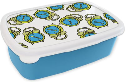 Broodtrommel Blauw - Lunchbox - Brooddoos - Wekker - Patroon - Cartoon - Slapen - 18x12x6 cm - Kinderen - Jongen