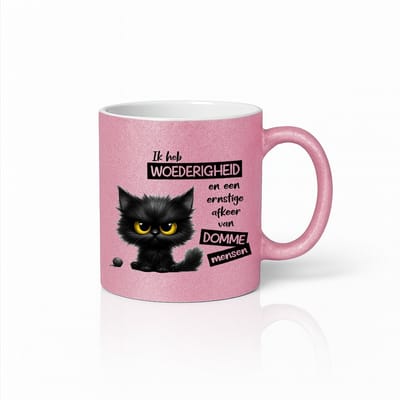 Roze Glitter Mok 330 ml – Grappige Boze Kat Mok met Quote “Afkeer van Domme Mensen”