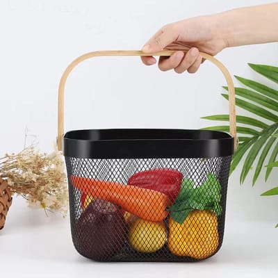 Stalen opbergmand met houten handvat - veelzijdig en stijlvol voor keuken, badkamer en decoratie