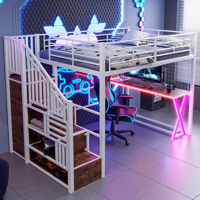 DESMIU Halfhoogslaper 140x200cm - Bed Met Sfeerverlichting En Bureau - Opbergleider, Kast En Planken - Voor Jeugdkamer - Metaal En MDF - Wit - Zonder Matras