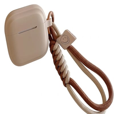 Abrikoos kleurig hoesje voor oordopjes unisex met koord en karabijnhaak geschikt voor AirPods 4 met textiel lus en label