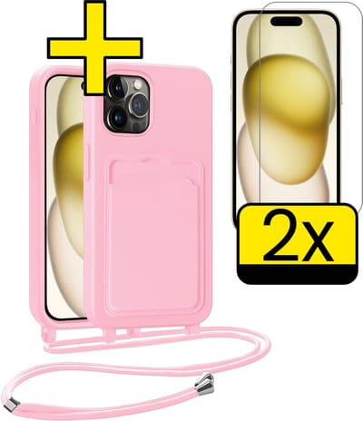 Hoesje Geschikt voor iPhone 14 Pro Telefoonhoesje Met Koord Case Pashouder Met 2x Screenprotector Siliconen - Hoes Geschikt voor iPhone 14 Pro Hoesje Met Kaarthouder - Lichtroze
