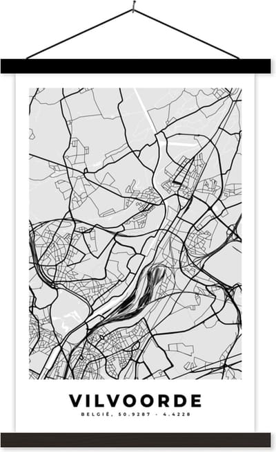 Posterhanger incl. Poster 40x60 cm - Schoolplaat - Plattegrond – Vilvoorde – Zwart Wit – Stadskaart - Kaart - Textielposter - Zwarte latten - Stadskaart