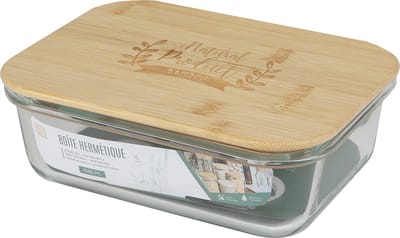 Bambou & Co Voedsel bewaarbakje/vershoudbakje - bamboe deksel - 1500 ml - ovenbestendig glas - 22 x 17 x 7 cm