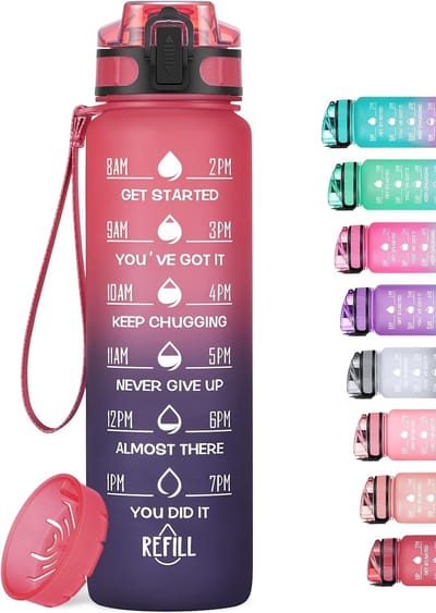 Famanu - Waterfles 1 liter, motiverende drinkfles met tijdmarkering, lekvrij, BPA-vrij, Tritan sportfles met draagriem voor fiets, gym, yoga, outdoor, kantoor (Rood en zwart)