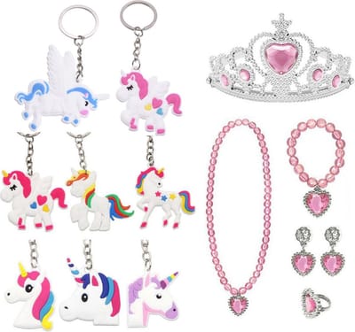 Uitdeelzakjes - Traktatie Uitdeelcadeautjes Kinderen-8 x Unicorn Sleutelhanger + Kroon + Juwelen - Cadeautjes - Klein Speelgoed - Roze