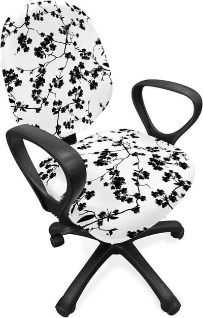 ABAKUHAUS Aziatische bureaustoel met overtrek, Sakura Blooom silhouet, decoratieve beschermhoes gemaakt van rekstof, witzwart