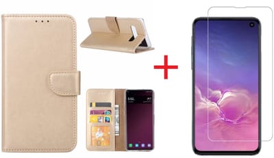 Ntech Hoesje Geschikt Voor Samsung Galaxy S10e portemonnee hoesje - Goud + Screenprotector glas