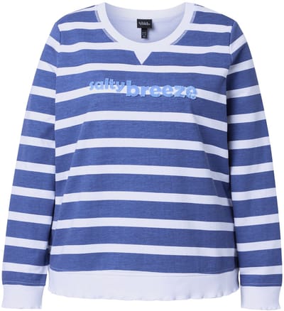 Ulla Popken - Dames - Sweatshirt strepen tekst ronde hals lange mouwen - Atlantisch blauw - Maat 62+