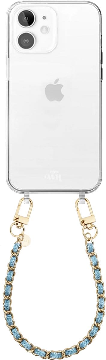 xoxo Wildhearts siliconen hoesje geschikt voor iPhone 12 - Classic Chain - Denim (kort koord) - Telefoonhoesje - Hoesje met koord - Schakelketting - Kort telefoonkoord - Denim blauw met goud - Transparant hoesje