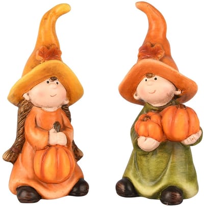 Dekoratief | Herfstkindje m/pompoen, oranje/groen, resina, 8x7x17cm, set van 2 stuks | A255434