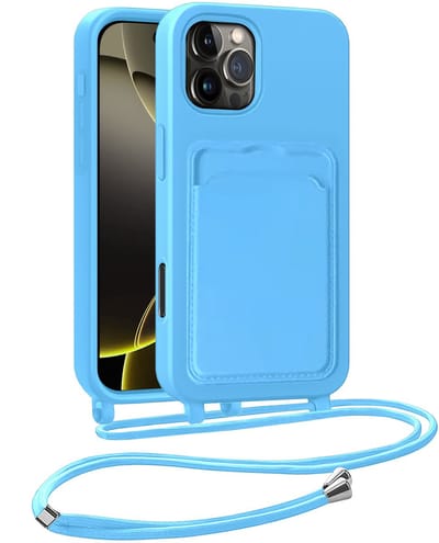 Hoesje Geschikt voor iPhone 16 Pro Telefoonhoesje Met Koord Case Pashouder Siliconen - Hoes Geschikt voor iPhone 16 Pro Hoesje Met Kaarthouder - Lichtblauw