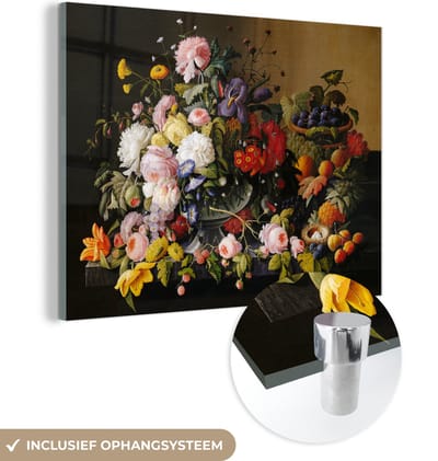 MuchoWow® Glasschilderij 120x90 cm - Schilderij acrylglas - Stilleven met bloemen en fruit - Kunstwerk - Oude meesters - Foto op glas - Schilderijen