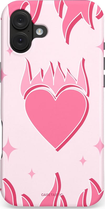 Casetastic hoesje geschikt voor Apple iPhone 16 Plus - MagSafe - Dubbellaagse bescherming - Hartenvuur - Fashion Case - Wit Koraal Lichtroze