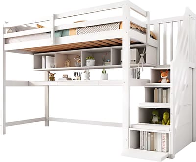 Luxe hoogslaper Vortex voor kinderen - 90x200 cm - Met bureau - Kinderbed - stapelbed - Met Hoektrap, valbeveiliging en raam - Peuterbed