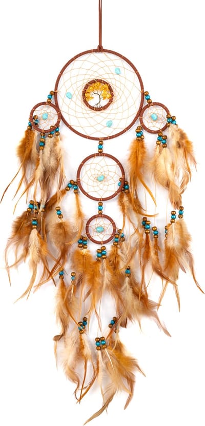 KIMU® Dromenvanger Cognacbruin - Dreamcatcher Veren Cognac Bruin - Bohemian Ibiza Kinderen Boho Babykamer Buiten Kado Meisjeskamer Veertjes Festival