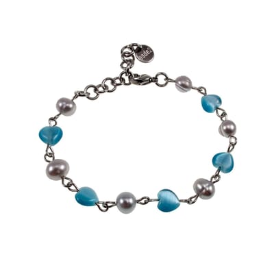 RVS Armband met Zoetwaterparels en Turquoiseblauwe Opalen Kattenooghartjes, Handgemaakt door esde2 - Verstelbaar 15 tot 18cm