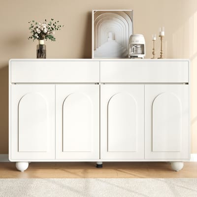 PHOEBE CAT Dressoir - 2 lades - Gebogen deuren kast - Spaanplaat + MDF - Ronde metalen poten - Wit