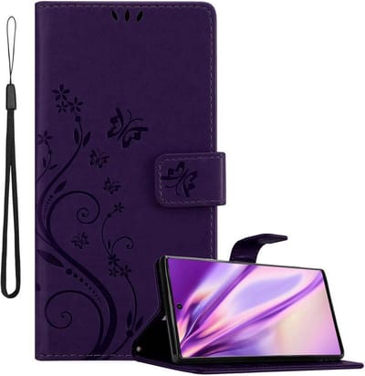Cadorabo Hoesje geschikt voor Samsung Galaxy NOTE 10 in BLOEMEN DONKER PAARS - Beschermhoes in bloemmotief met magnetische sluiting, standfunctie en kaartsleuven Book Case Cover Etui