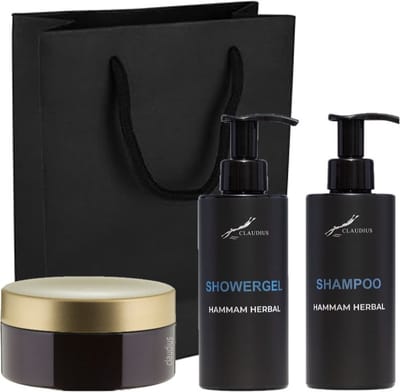 Douchepakket Hammam Herbal - Showergel + Shampoo+ Scrubzout 300 gram - 300 ml per fles - set van 3 stuks - met luxe gift tas - cadeau - giftset voor hem en haar