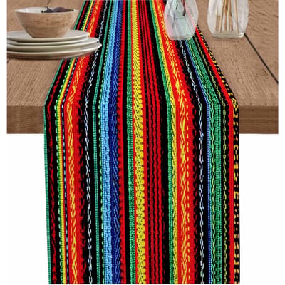 Mexico Dag van de Doden Kleurrijke Strepen Linnen Tafelkleed Tafelblad Decoratie Herbruikbaar Keuken Eettafel Tafelkleed Feestdecoratie 150x33cm