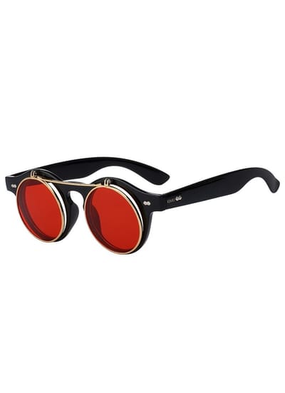 KIMU® Ronde Bril Vintage Flip Up - Mat Zwart Montuur - Rode Glazen - Nachtbril Autorijden Wintersport - Rood Zwarte Vintage Retro Steampunk Opklapbaar Festival