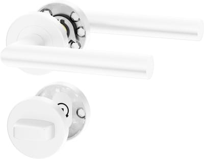 Witte Deurbeslag NINA, Deurbeslag set Binnendeur, Deurklink Set, Deurklink met ronde rozet, met WC-rozet/badkamer, Mat Wit, Deurkruk, Wit gepoedercoat roestvrij staal, Incl. Bevestigingsmateriaal - Terugslagveer