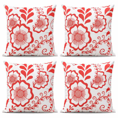 Set van 4 Kussenhoezen 45x45 cm | Sierkussenhoes | Woonkamer & Buiten | Katoen Canvas Cushion Covers | Rood-Wit Bloemenprint | Digitale Print Kussenhoes