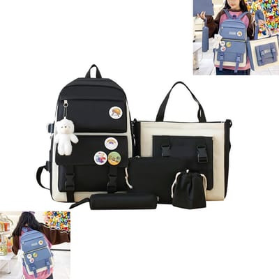 KZQ Leuke rugzakset met 5 stuks canvas schoudertas etui en koerierstas grote capaciteit met berenhanger en badges zwart voor meisjes dames en heren school en dagelijks gebruik
