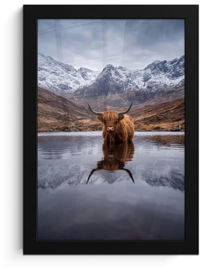 Poster in lijst - Fotolijst 20x30 cm - Posters - Schotse hooglander - Bruin - Water - Posterlijst zwart - Decoratie - Wanddecoratie woonkamer - Muurdecoratie slaapkamer