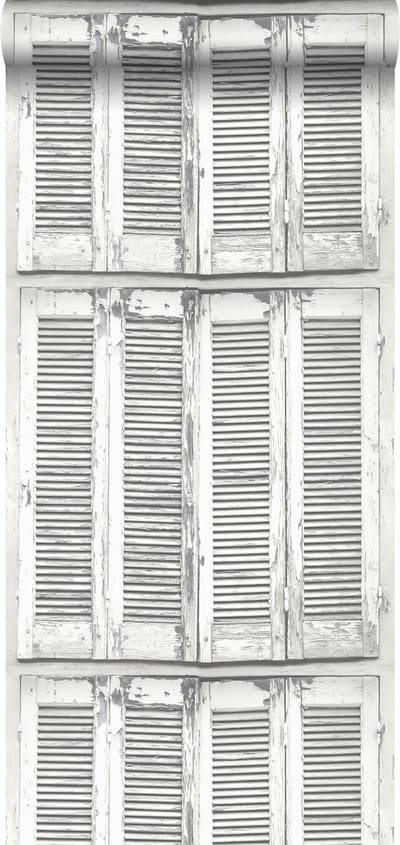 ESTAhome behang verweerde houten Franse vintage louvre luiken licht warm grijs en mat wit - 53 cm x 10.05 m - 138882