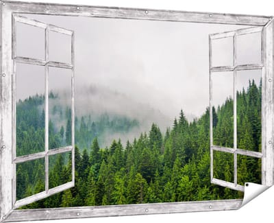 Gards Tuinposter Doorkijk Groen Bos met Bomen tijdens de Mist - 180x120 cm - Tuindoek - Tuindecoratie - Wanddecoratie buiten - Tuinschilderij