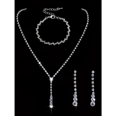 4-delige dames sprankelende trouwset, strass armband ketting, oorbellen, feest- en banketaccessoires Silver&45cm gray