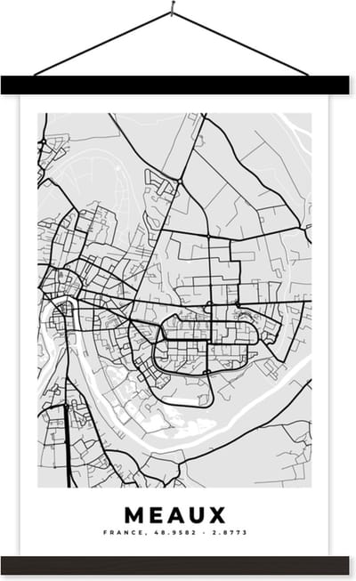 Posterhanger incl. Poster 40x60 cm - Schoolplaat - Kaart - Frankrijk - Stadskaart - Plattegrond - Meaux - Textielposter - Zwarte latten - Stadskaart