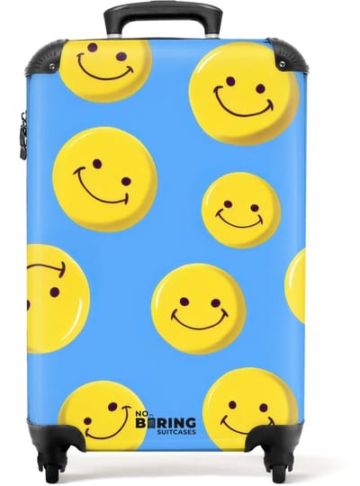NoBoringSuitcases.com - Koffer - Smiley's op een blauwe achtergrond - Past binnen 55x40x20 cm en 55x35x25 cm - Trolley handbagage - Valiezen met wieltjes volwassenen - Reiskoffer op wielen - Rolkoffer lichtgewicht