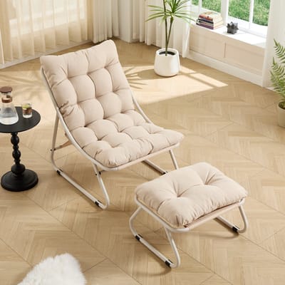 Tuin loungestoel - stoel met voetenbank - buiten relaxstoel met dik kussen - stalen frame tuinstoel - 65x78x86 cm - Relaxen - Binnen en buiten Beige