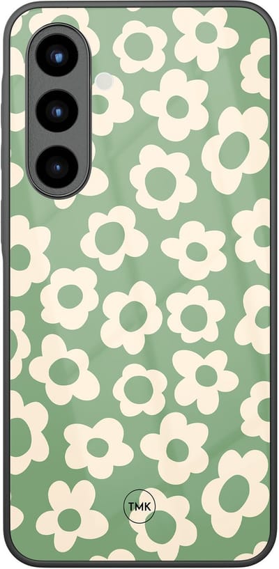 Hoesje geschikt voor Samsung Galaxy A56 - Retro cute flowers - Groen - TPU luxe case (glossy toplaag) - Bloemen - Hardcase backcover zwart