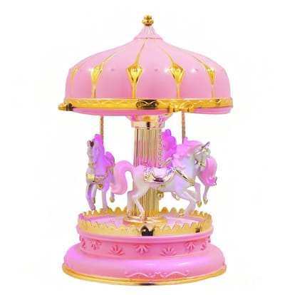 Roze Carrousel Muziekdoos – Glinsterend Design, Opwindmechanisme, Draaiende Paarden – Romantische Tafeldecoratie