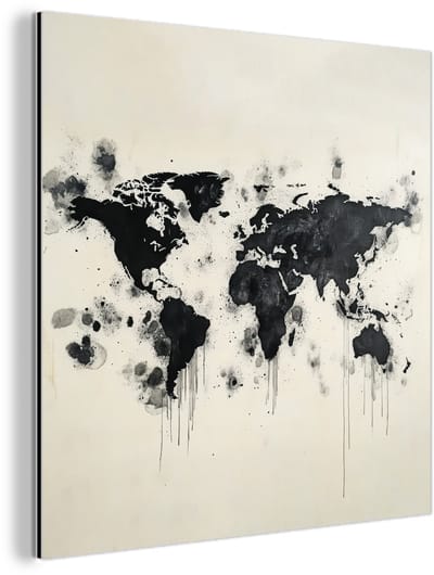 Aluminium schilderij 90x90 cm - Wanddecoratie metaal - Wereldkaart - Zwart - Inkt - Metalen muurdecoratie woonkamer - Decoratie industrieel - Foto op dibond - Industriële accessoires slaapkamer