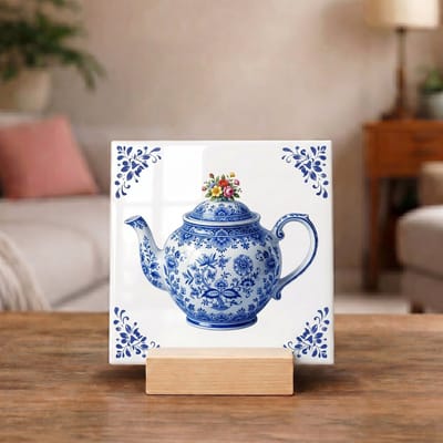 Delftsblauw Tegeltje 11x11 Theepot met Bloemen – Keuken Decoratie Cadeau