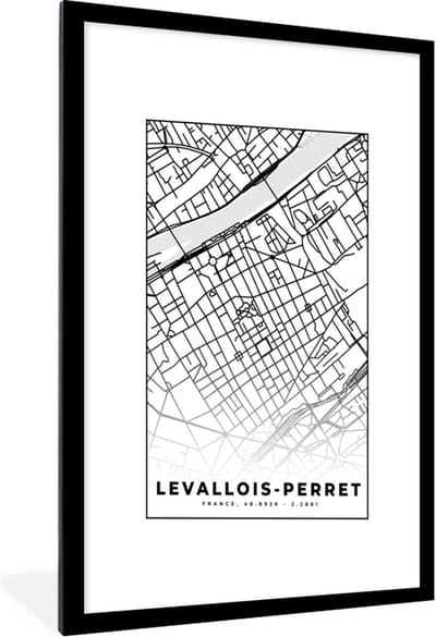 Fotolijst incl. Poster Zwart Wit- Frankrijk - Plattegrond - Levallois-Perret - Stadskaart - Kaart - Zwart wit - 60x90 cm - Posterlijst
