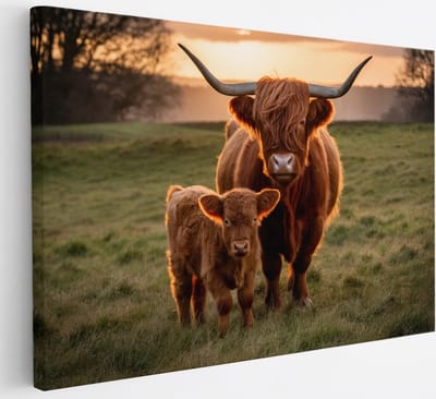 Saammp Canvas Schilderij - Schotse Hooglander Koe tussen de roze bloesem - Dieren - Natuur - 30x20 - Foto op canvas - Wanddecoratie - muurdecoratie Woonkamer - Slaapkamer decoratie - Canvas Print