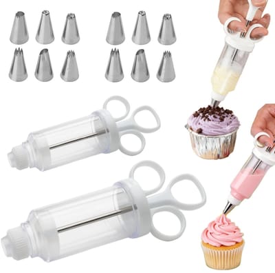 2-Delige Spuitset – Roomspuit – Taart decoratie gereedschap – Bakdecoratie – Broodvuller – Inclusief spuitmondjes – Voor het maken van koekjes, taarten, brood (Wit – Diverse formaten)