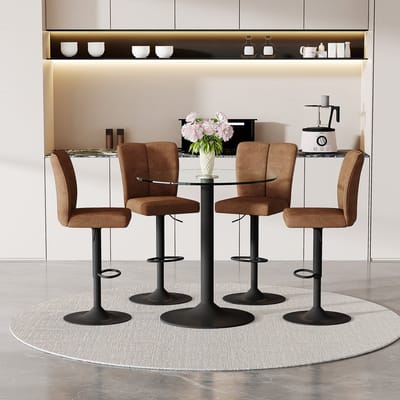 Intebiki barkrukken met rugleuning set van 4 - barkruk met bartafel m- Glazen tafel van 89 cm + 4 draaibare barkruk bruin -voorzien van comfortabele voetpedalen - bruin