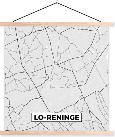 Posterhanger incl. Poster 40x40 cm - Schoolplaat - België – Lo Reninge – Stadskaart – Kaart – Zwart Wit – Plattegrond - Textielposter - Blanke latten - Stadskaart