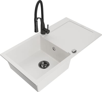 Mexen Leo granieten spoelbak 1-koer met afdruiprek en keukenmengkraan Aster, wit - 6501-20-73450-70-B