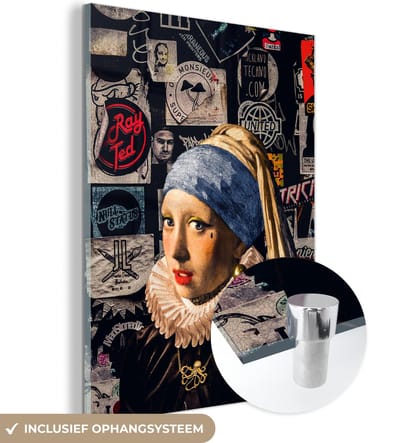 MuchoWow® Glasschilderij 30x40 cm - Schilderij acrylglas - Meisje met de Parel - Goud - Tattoo - Foto op glas - Schilderijen